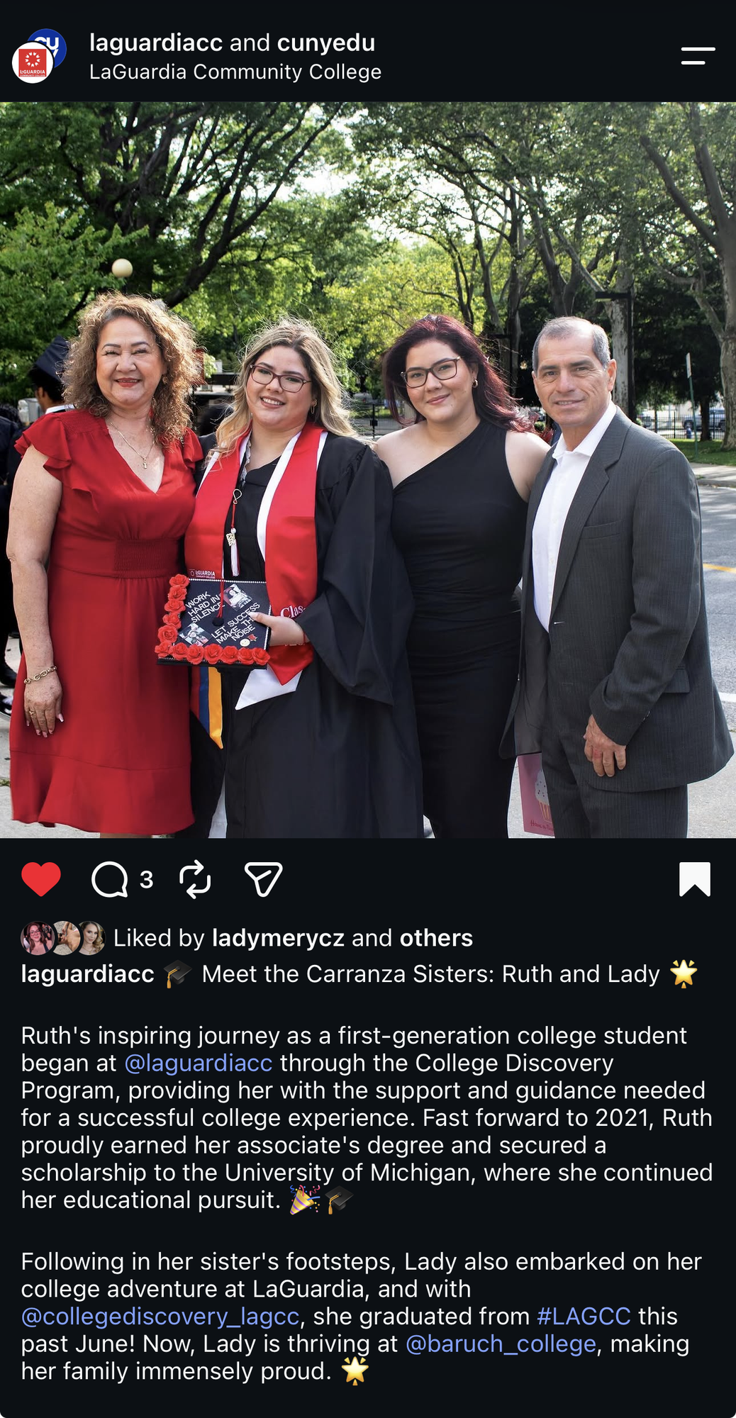 @laguardiacc post introducing the Carranza sisters, with Ruth in cap and gown at graduation.