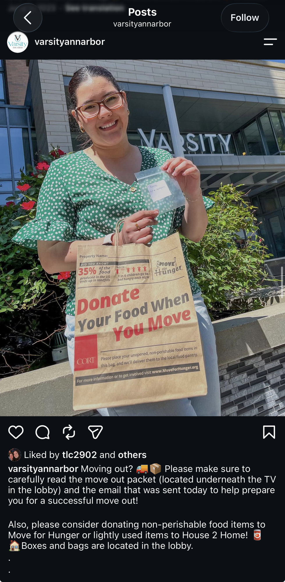 @varsityannarbor move-out post promoting Move for Hunger food donations.