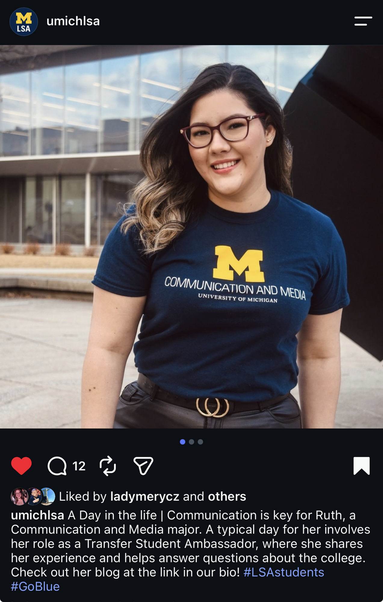 @umichlsa "A Day in the Life" post featuring Ruth as a Transfer Student Ambassador.