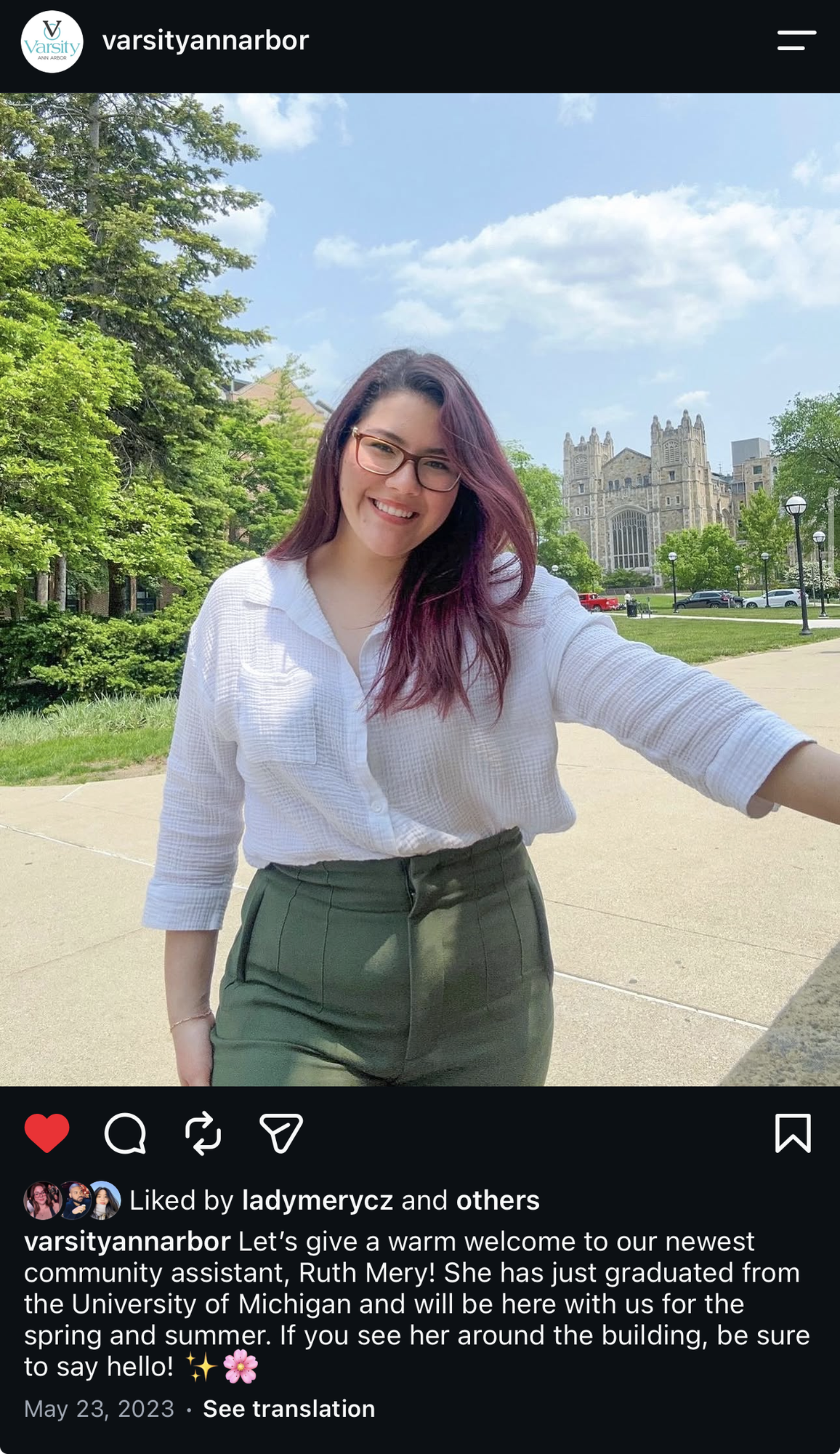 @varsityannarbor post welcoming Ruth as the new community assistant.