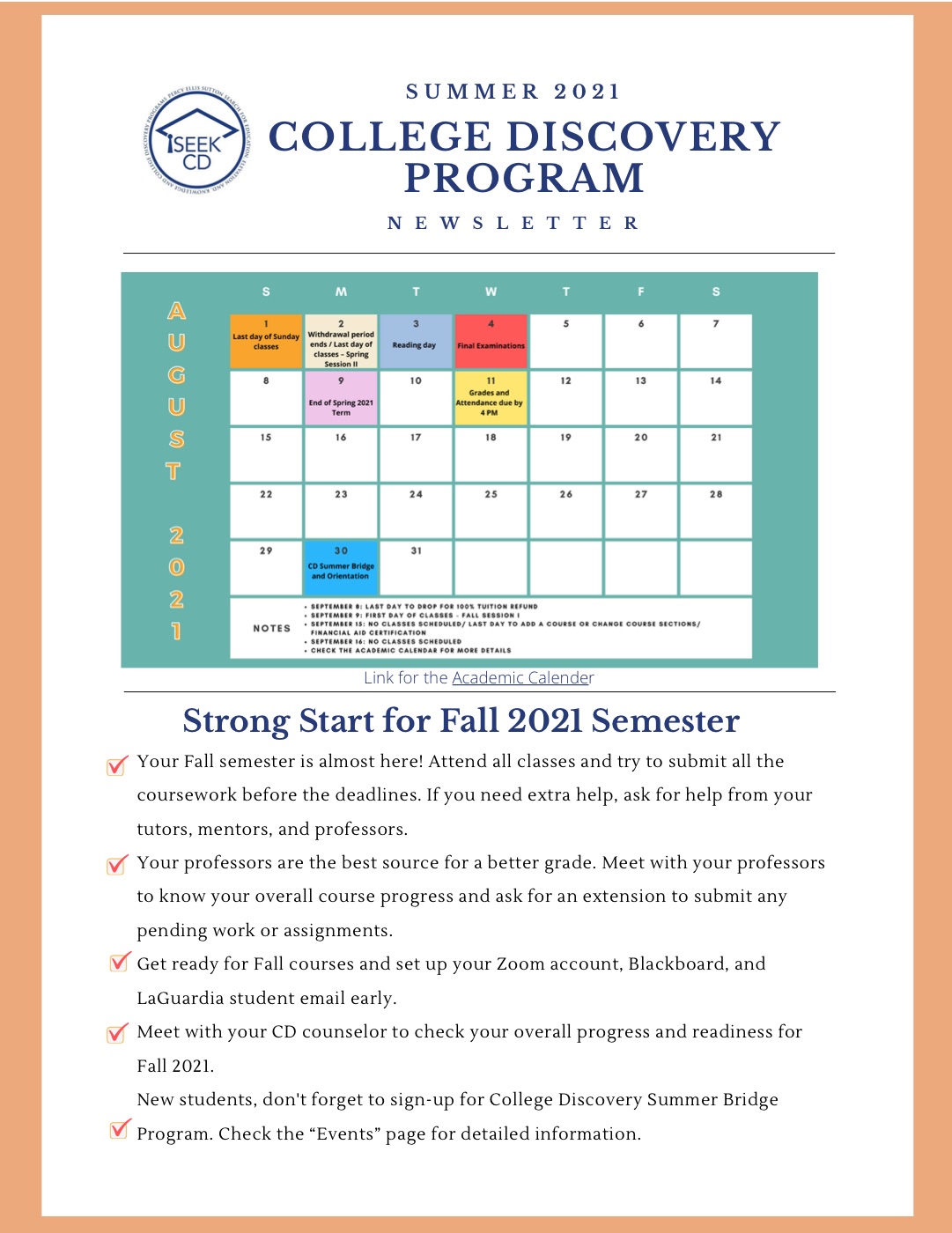 College Discovery Program newsletter, Summer 2021.