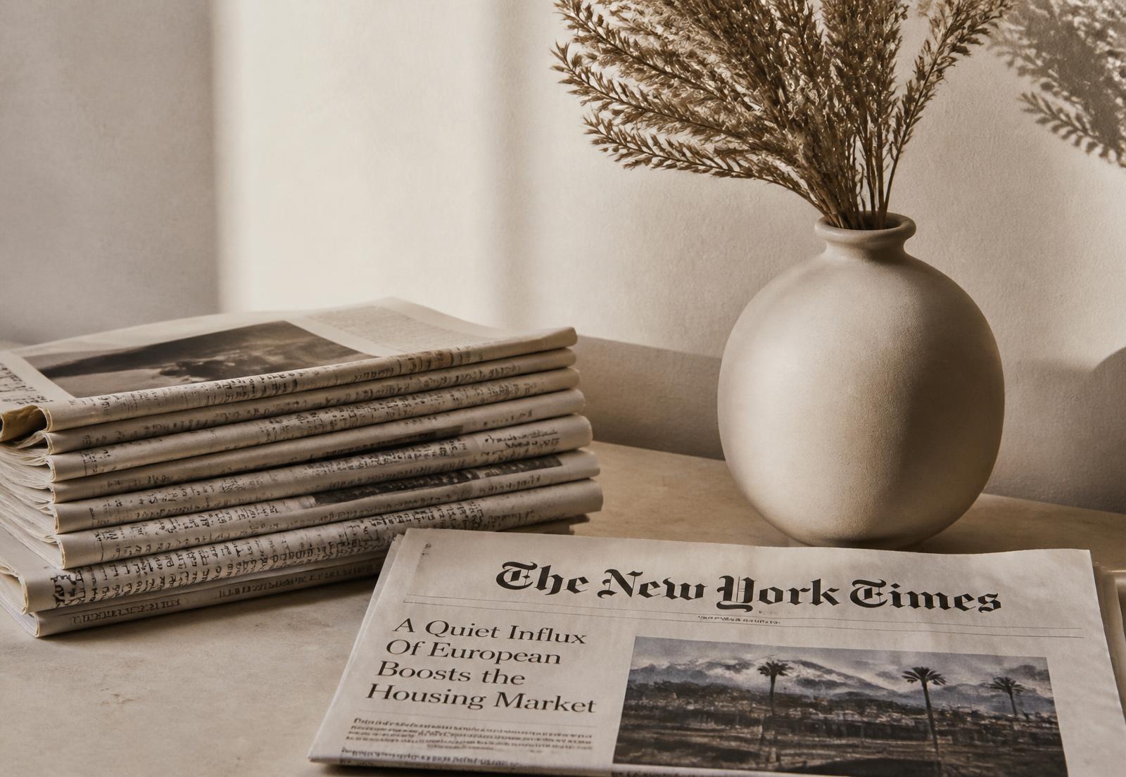 Newspapers and dried grasses on a warm neutral table
