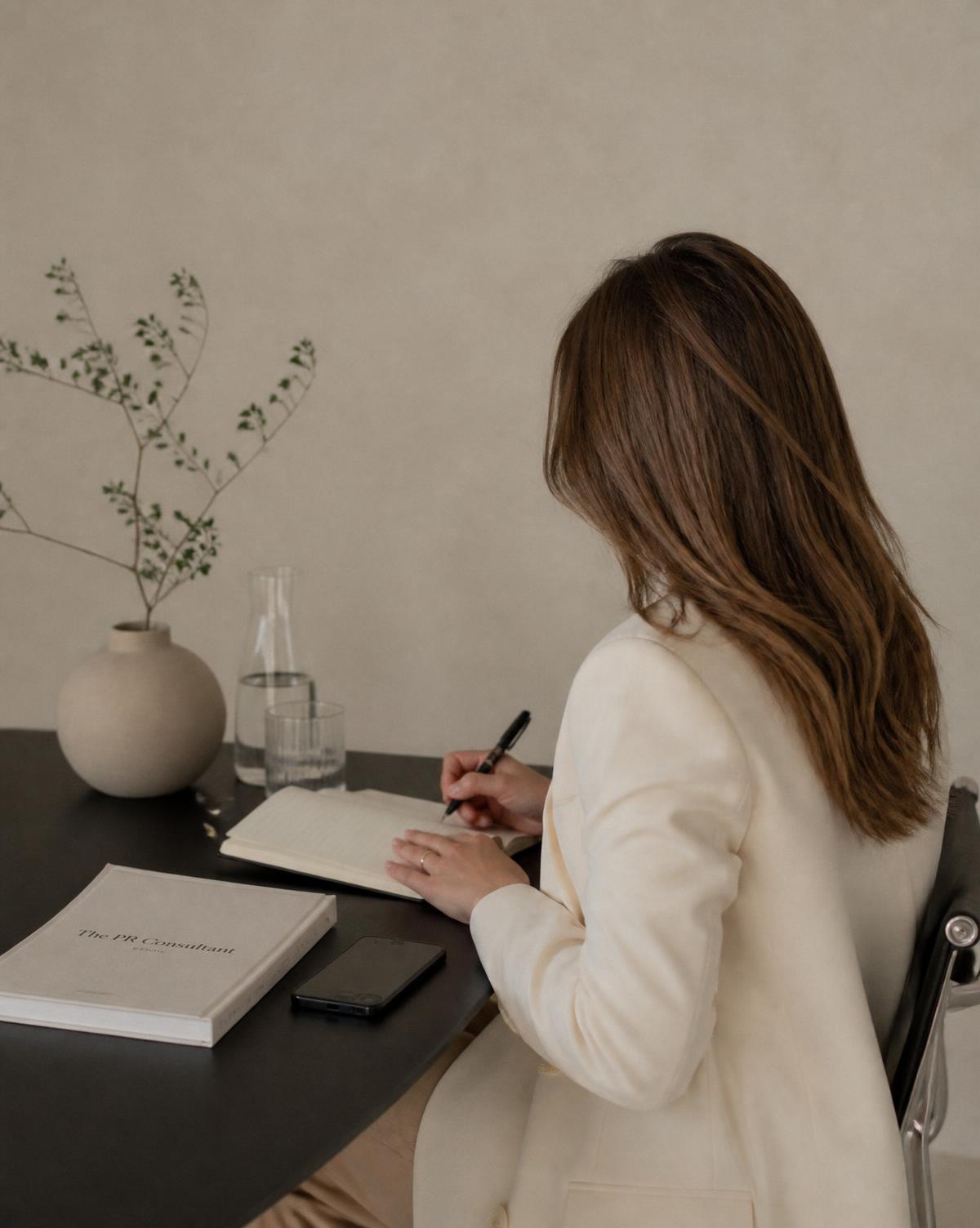 Ruth Mery working at a desk with notebook and press materials