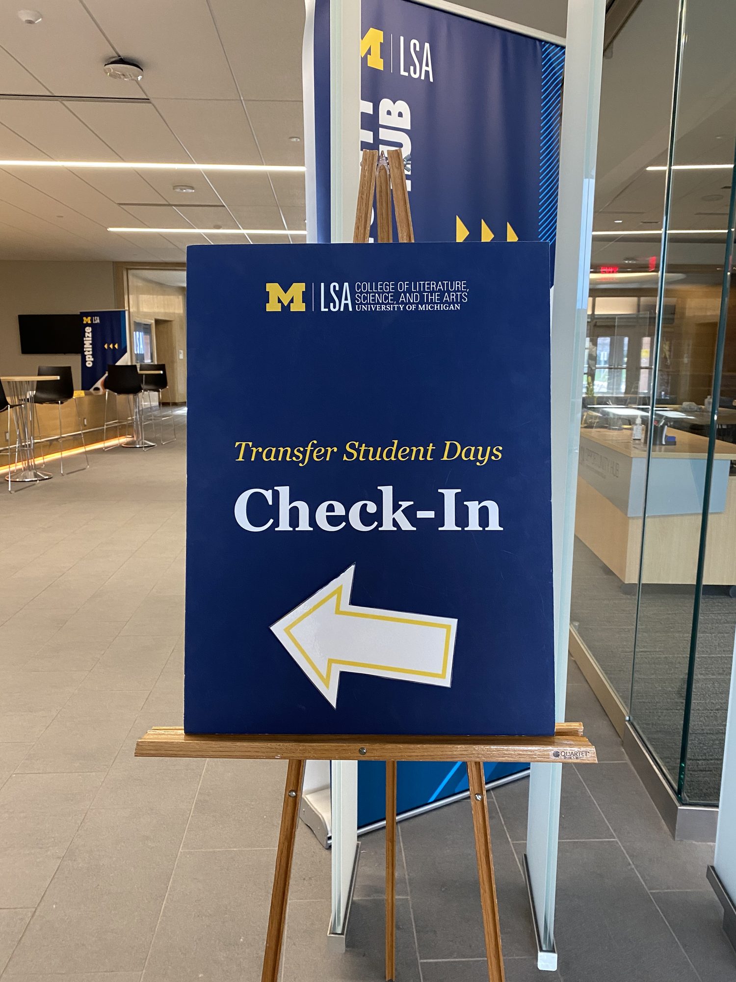 LSA Transfer Student Days check-in sign on an easel in the lobby.